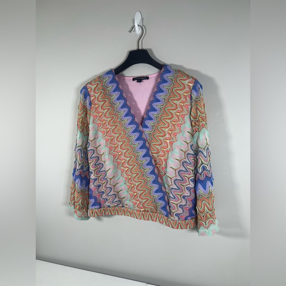 Boston Proper Color Surplice Flare Sleeve Boho Long Sleeve Blouse Size Large - Picture 3 of 8